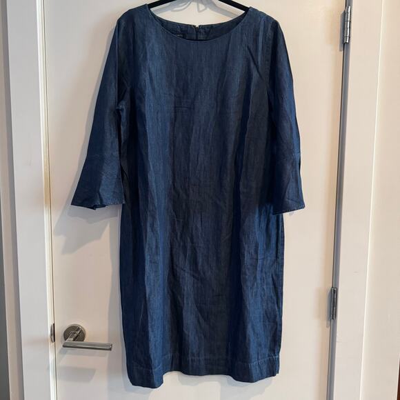 New Talbots Denim Flounce-Sleeve Shift Dress Blue Crew Neck Back Zip Sz 16 - Picture 1 of 8